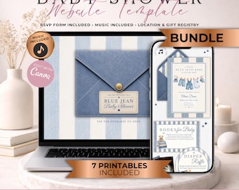 Blue Jean Baby Shower Website Invitation Bundle With RSVP | Denim Boy Baby Shower Evite | Editable Canva Template | Music Included