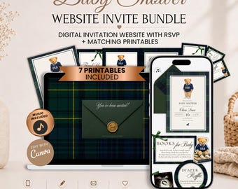 Preppy Teddy Bear Baby Shower Website Invitation Bundle With RSVP | Luxury Blue Plaid Baby Shower Invite | Editable Canva Template