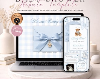 Blue We Can Bearly Wait Baby Shower Website Invitation With RSVP | Digital Boy Classic Teddy Bear Evite | Editable Canva Template