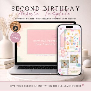 Convite online para aniversário de dois anos com RSVP | Convite digital para festa de aniversário de menina com desenhos coloridos e divertidos | Modelo editável no Canva