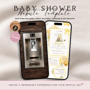 Könnte beinhalten: Zwei Smartphones zeigen eine Babyparty-Website-Vorlage. Der linke Bildschirm zeigt eine Oberfläche mit Holzstruktur und eine Fotobox-Grafik. Der rechte Bildschirm zeigt ein gelbes Winnie Puuh-Thema mit dem Text A little HONEY is on the way.