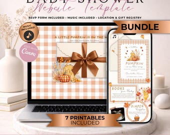 A Little Pumpkin On The Way Baby Shower Website Invitation Bundle With RSVP | Classic Fall Bear Invite | Editable Canva Template