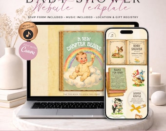 A New Chapter Begins Baby Shower Website With RSVP | Vintage Storybook Evite | Retro 1950s Baby Shower | Editable Canva Template