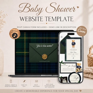 Einladung zur Babyparty im Preppy-Stil mit Teddybär-Motiv und RSVP | Luxuriöse Einladung zur Babyparty im blauen Karomuster | Bearbeitbare Canva-Vorlage