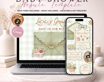 Locally Grown Baby Shower Website Invitation With RSVP | Sage Green Gingham Farmers Market Evite | Editable Canva Template | Music Included
