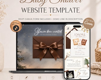 Einladung zur Babyparty „Smore To Love“ mit RSVP | Digitale Einladung zum Herbst-Camping-Lagerfeuer | Bearbeitbare Canva-Vorlage | Musik inklusive