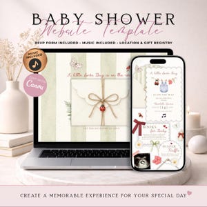Op de afbeelding: Een digitale babyshower website template weergegeven op een laptop en smartphone scherm. Het ontwerp heeft een lichtgroene gestreepte achtergrond, een crèmekleurige envelop met een lieveheersbeestje bedel en tekst A little Love Bug is on the way.
