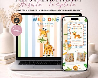 Colorful Wild One Safari First Birthday Website Invitation With RSVP | Boy 1st Birthday Digital Evite | Editable Canva Template | Music
