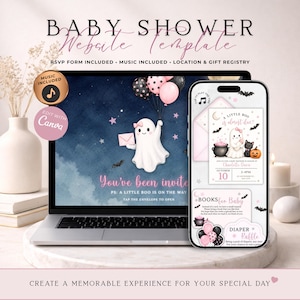 Invitación web para baby shower "A Little Boo Is Almost Due" con confirmación de asistencia | Invitación animada de Halloween para niña rosa | Plantilla editable de Canva