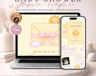 Little Ray Of Sunshine Girl Baby Shower Website Invitation With RSVP | Editable Canva Template | Music Included