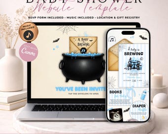 A Baby Is Brewing Halloween Baby Shower Website Invitation With RSVP | Blue Boy Spooky Invite | Editable Canva Template | Music Included