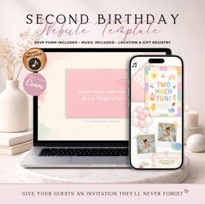 Two Much Fun Second Birthday Website Invitation With RSVP | Whimsical Colorful Doodle Girl 2nd Birthday Invite | Editable Canva Template