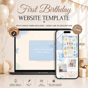 It's Fun To Be One Birthday Website Invitation With RSVP | Whimsical Invite | Editable Canva Template | Blue Boy Version | Music Included
