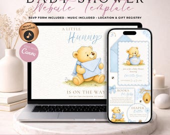 Little Hunny Is On The Way Boy Baby Shower Website Invitation With RSVP | Blue Honey Bear Evite | Editable Canva Template | Music Included