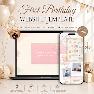 It's Fun To Be One Birthday Invitation Website With RSVP | Whimsical Invite | Editable Canva Template | Pink Girl Version | Music Included