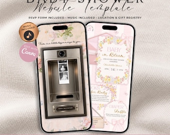Baby In Bloom Photo Booth Baby Shower Website Invitation With RSVP | Pink Vintage Floral Evite | Editable Canva Template | Music Included