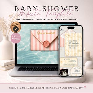 May include: A digital baby shower website template displayed on a laptop and smartphone. The screen shows a pink striped envelope with a palm tree wax seal, invitation text reading Pregnant & Poolside, Books for Baby, and Diaper Raffle details.