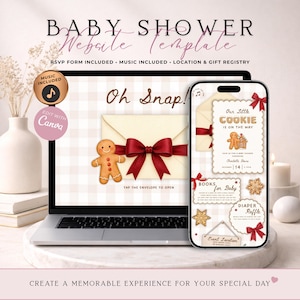 May include: A digital baby shower website template displayed on a laptop and smartphone screen. The design features a cream-colored gingham background, a gingerbread man, a red ribbon, and text including Oh Snap, Our Little Cookie Is On The Way.