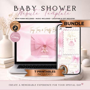 Tiny Toes & Pretty Bows Baby Shower Website Invitation Bundle With RSVP | Pink Coquette Bow Girl Evite | Editable Canva Template