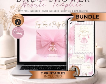 Tiny Toes & Pretty Bows Baby Shower Website Invitation Bundle With RSVP | Pink Coquette Bow Girl Evite | Editable Canva Template