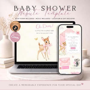 Oh Deer Baby Shower Website Invitation With RSVP | Pink Girl Woodland Baby Shower Evite | Editable Canva Digital Invitation Template