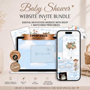 Op de afbeelding: Een digitale baby shower uitnodigingsbundel met een laptop en smartphone die sjablonen tonen met een blauwe lucht, wolken, stripfiguren en de tekst It's a boy story, 7 PRINTABLES INCLUDED en Edit with Canva voor het bewerken van ontwerpen.