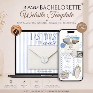 Last Toast On The Coast Bachelorette Party Website Invitation With RSVP | Beach Itinerary Editable Canva Template | Coastal Weekend Invite