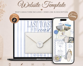 Einladung zum Junggesellinnenabschied „Last Toast On The Coast“ mit RSVP-Funktion | Bearbeitbare Canva-Vorlage für Strandprogramm | Einladung zum Küstenwochenende