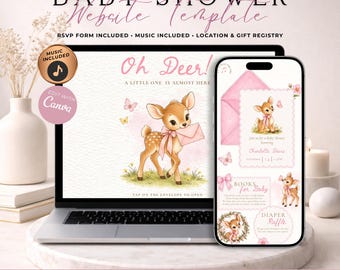 Oh Deer Baby Shower Website Invitation With RSVP | Pink Girl Woodland Baby Shower Evite | Editable Canva Digital Invitation Template
