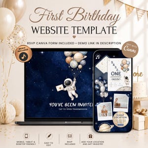 Animated Space 5,4,3,2 One 1st Birthday Website Invitation With RSVP | Digital First Trip Around The Sun Invite | Editable Canva Template