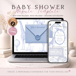 Op de afbeelding: Een digitale babyshower website template weergegeven op een laptop en smartphone scherm. Het ontwerp bevat blauwe illustraties van giraffen, olifanten en heteluchtballonnen. Tekst bevat BABY SHOWER WEBSITE TEMPLATE, RSVP FORM INCLUDED, MUSIC INCLUDED, LOCATION & GIFT REGISTRY, EDIT WITH CANVA en You've been invited.