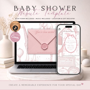Rosa Safari Toile Baby Shower-hemsidesinbjudan med OSA | Digitala djungeldjur Chinoiserie Evite | Redigerbar Canva-mall
