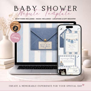 Blue Jean Baby Shower Website Invite With RSVP | Denim Boy Invitation | Editable Canva Template | Music Included