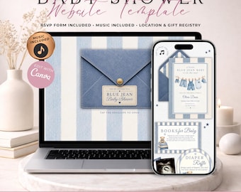 Blue Jean Baby Shower Website Invite With RSVP | Denim Boy Invitation | Editable Canva Template | Music Included