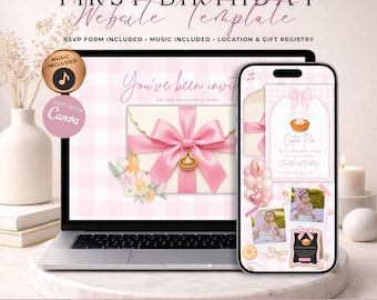 Little Cutie Pie First Birthday Website Invitation With RSVP | Girl Pumpkin Pie Fall 1st Birthday Invite | Editable Canva Template