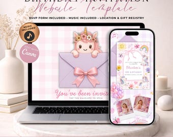 Unicorn Girl Birthday Website Invitation With RSVP | Any Age Birthday Evite | Pink & Lilac Animated Canva Template | Music Included