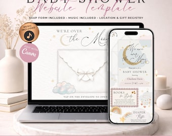 Over the Moon Baby Shower Website Invitation with RSVP | Gender Neutral Celestial Moon Evite | Editable Canva Template | Music Included