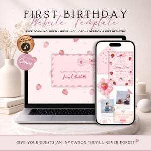 Berry First Birthday Website Invitation With RSVP | Digital Strawberry Invite | Editable Canva Template | Music Included