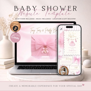May include: A digital baby shower website template displayed on a laptop and smartphone screen. The design features a pink color palette with a tulle bow, baby shoes, and text including Baby Shower Website Template, Tiny Toes & Pretty Bows.