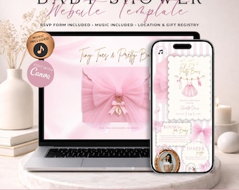 Tiny Toes & Pretty Bows Baby Shower Website Invitation With RSVP | Pink Coquette Bow Girl Invite | Editable Canva Template | Music Included
