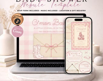 Vintage Cowgirl Baby Shower Website Invitation With RSVP | Little Cowgirl On The Way | Pink Western Baby Shower Evite | Canva Template