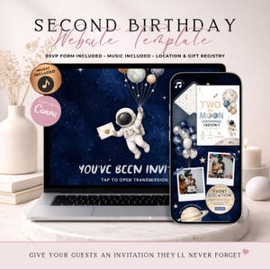 Two The Moon 2nd Birthday Website Invitation With RSVP | Digital Astronaut Space Second Birthday Invite | Editable Canva Template