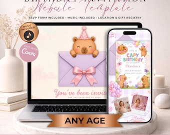 Capybara Girl Birthday Website Invitation With RSVP | Any Age Capy Birthday Digital Invite | Pastel Capybara Birthday Party Evite