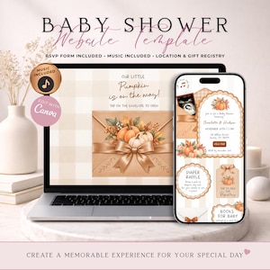 Invitación web para baby shower "Una pequeña calabaza en camino" con confirmación de asistencia | Invitación digital unisex con temática otoñal y temática de calabaza | Plantilla editable de Canva