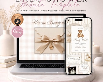 Neutral We Can Bearly Wait Baby Shower Website Invitation With RSVP | Digital Classic Teddy Bear Evite | Editable Canva Template