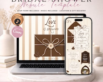 Love Is Brewing Bridal Shower Website Invitation With RSVP | Coffee Theme Bridal Shower Evite | Editable Canva Template | Music Included