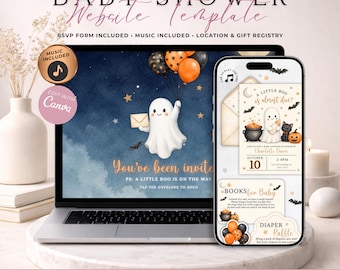 A Little Boo Is Almost Due Baby Shower Website Invitation With RSVP | Animated Fall Invite | Editable Canva Template | Music Included