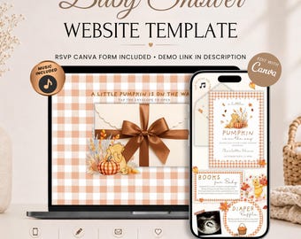 A Little Pumpkin On The Way Baby Shower Website Invitation With RSVP | Digital Fall Bear Invite | Editable Canva Template | Music Included