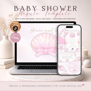 Shell Be Here Soon Baby Shower Website Invitation Template With RSVP | Pink Beach Invite | Editable Canva Template | Music Included