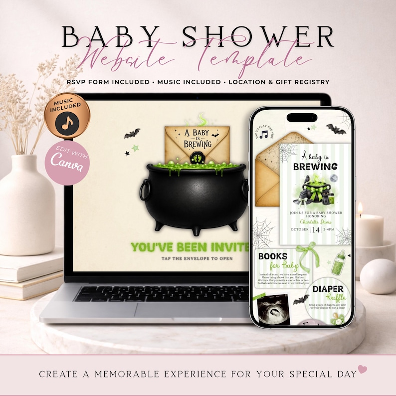 A Baby Is Brewing Halloween Baby Shower Website Invitation With RSVP | Digital Spooky Invite | Editable Canva Template | Music Included